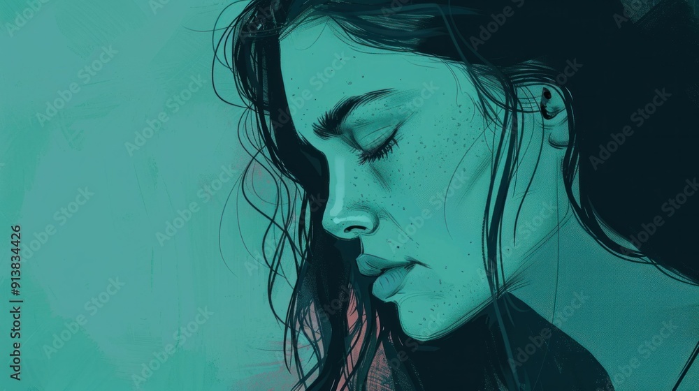 Naklejka premium Profile portrait of a woman in an artistic style with muted teal and pink tones Her eyes are closed, expressing tranquility and introspection