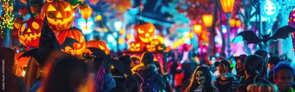 A large crowd celebrates Halloween at night, illuminated by brightly colored decorations. Jack-o-lanterns with carved faces are prominent, along with a giant bat cutout overhead. People are dressed in A large crowd celebrates Halloween at night, illuminated by brightly colored decorations. Jack-o-lanterns with carved faces are prominent, along with a giant bat cutout overhead. People are dressed in