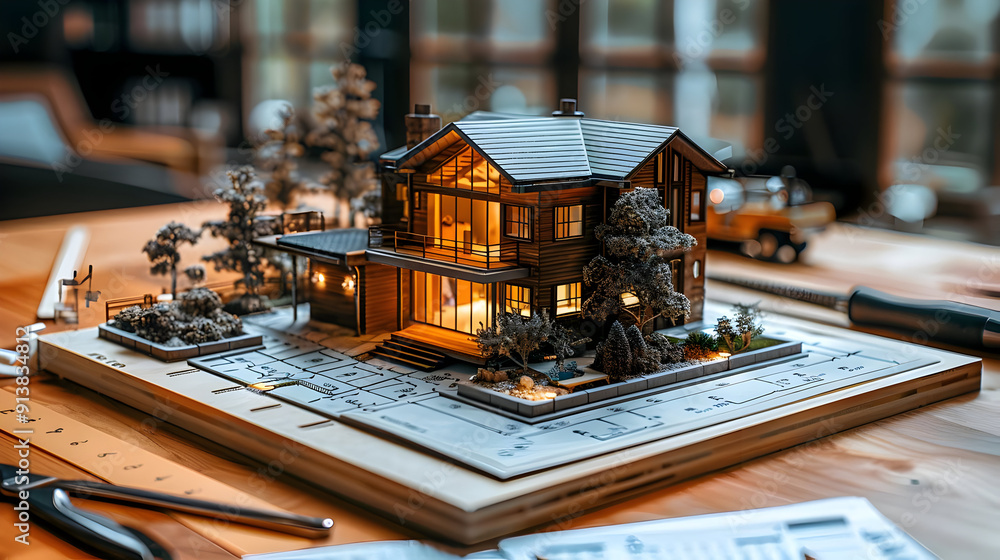 Detailed Wooden Model House with Yard on Blueprint - Illustration Detailed Wooden Model House with Yard on Blueprint - Illustration
