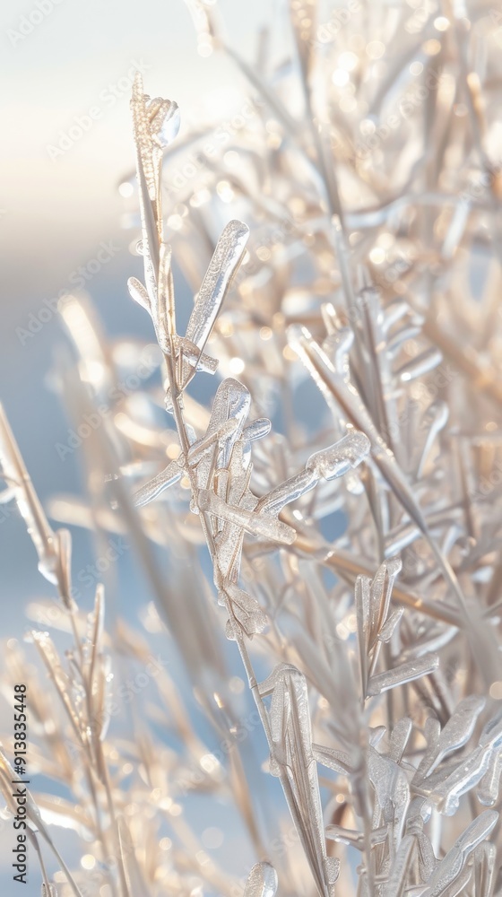 Fototapeta premium Close-up shot of grass stalks covered in ice, illuminated by the sun on a bright winter day. The ice crystals sparkle and glisten, creating a delicate and ethereal scene.