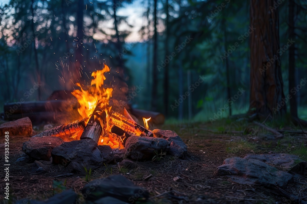 Campfire Flames at Night: Burning Firewood in Dark Forest Twilight Campfire Flames at Night: Burning Firewood in Dark Forest Twilight