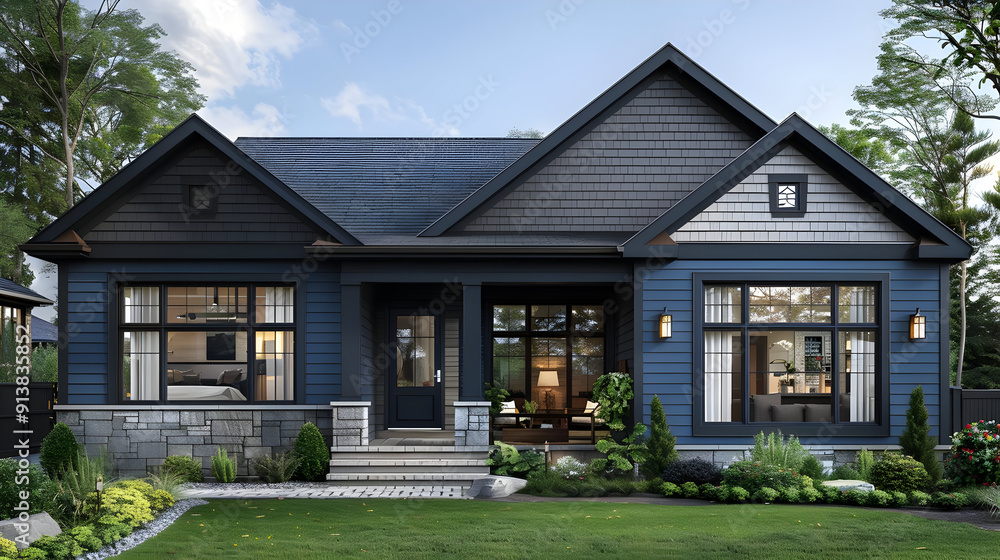 Modern Blue House with Stone Accents 3D Illustration Modern Blue House with Stone Accents 3D Illustration