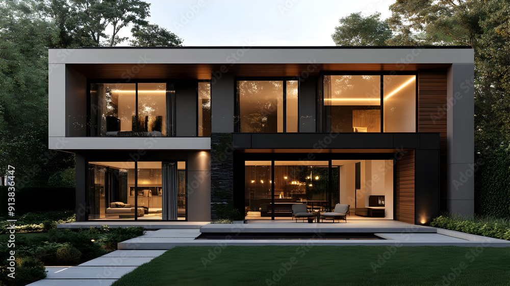 Modern home with large windows and a patio. Modern home with large windows and a patio.