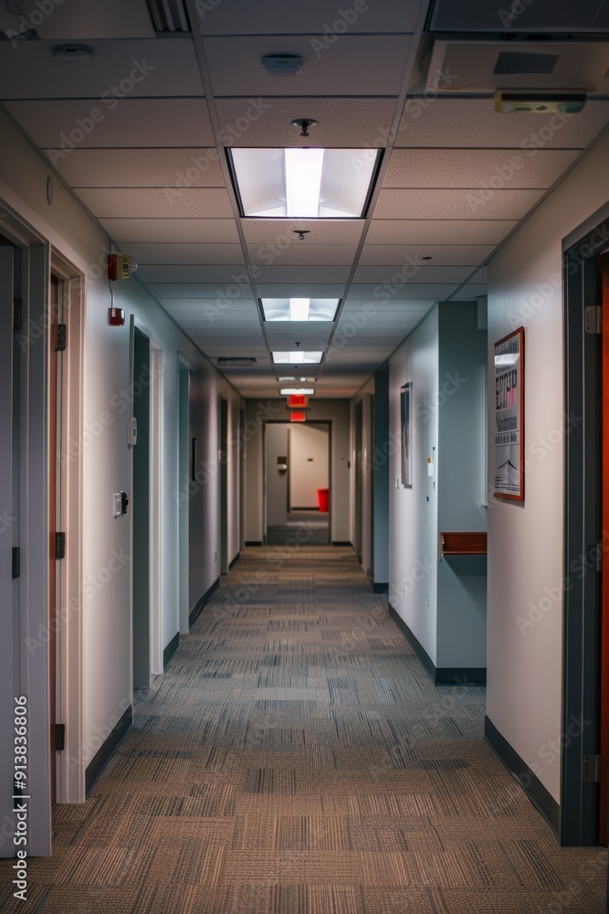 Office Hallway with Demotivational Posters Reflecting a Toxic Work Environment Office Hallway with Demotivational Posters Reflecting a Toxic Work Environment