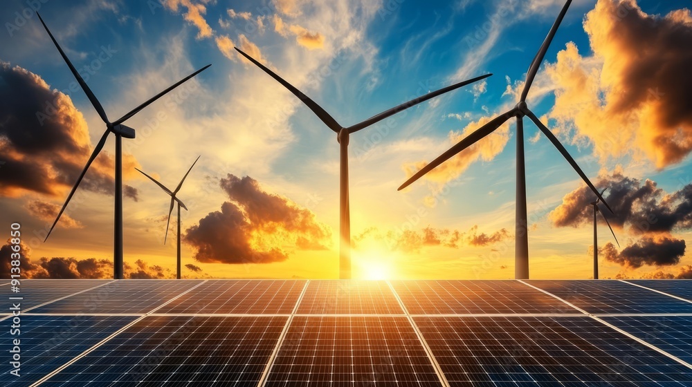 Under a sunny sky, solar panels and wind turbines in a verdant, mountainous terrain provide sustainable energy. Under a sunny sky, solar panels and wind turbines in a verdant, mountainous terrain provide sustainable energy.