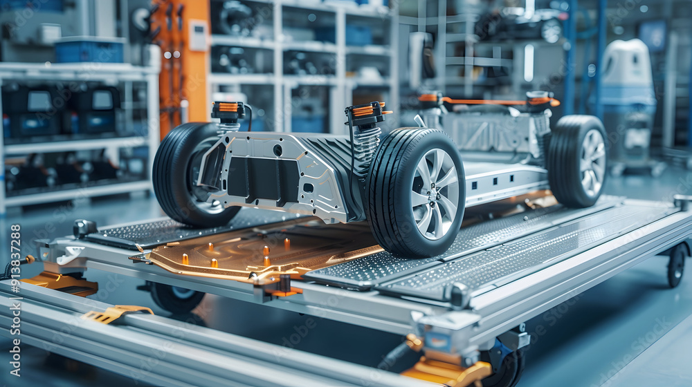 Fototapeta premium Electric car research and development with ev car with pack of battery cells module on platform in laboratory