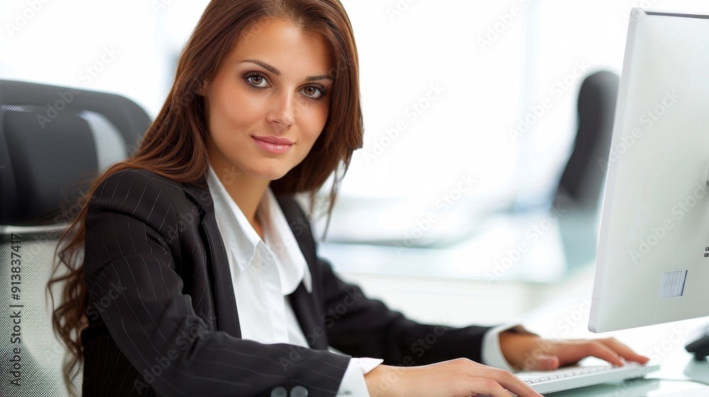 Confident businesswoman working on a computer at her desk. Professional office environment. Corporate career and business concept. Confident businesswoman working on a computer at her desk. Professional office environment. Corporate career and business concept.