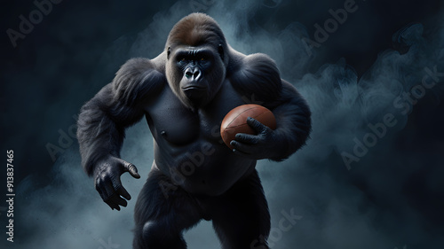 Gorilla Running for Goal in Football with Dark Blue Smoke Background