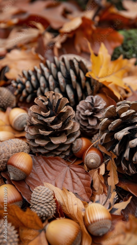 Close-up view of a collection of pine cones, acorns, and leaves scattered on the forest floor in autumn. The brown and orange hues of the fallen foliage create a warm, natural backdrop. Close-up view of a collection of pine cones, acorns, and leaves scattered on the forest floor in autumn. The brown and orange hues of the fallen foliage create a warm, natural backdrop.