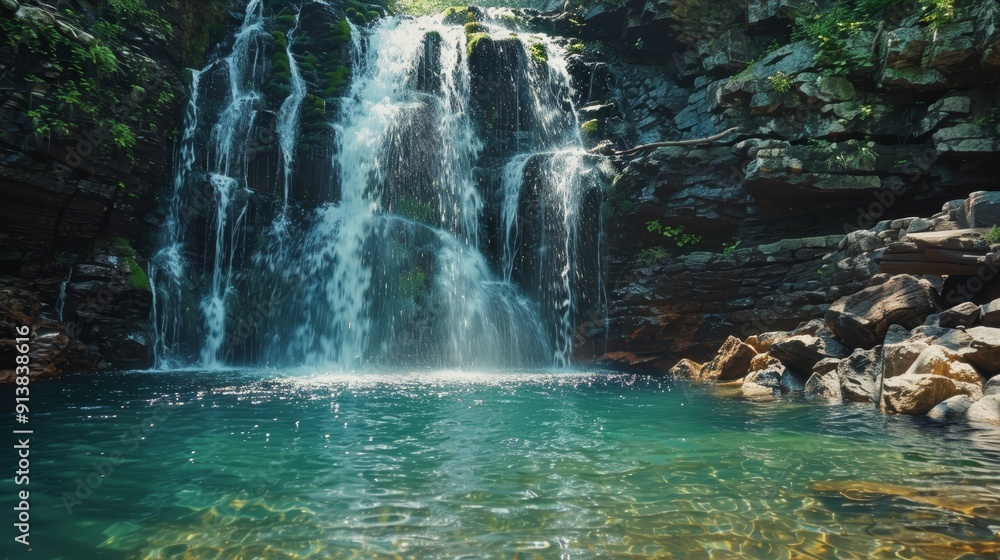 Naklejka premium A sizable waterfall, nestled amidst a body of water, encircled by rocks, and featuring a crystal-clear blue pool beneath