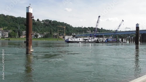 floating construction site Pfaffendorfer Brücke Koblenz with a passing cruise ship photo