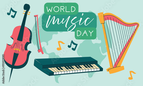 World Music Day, vector, text illustration. Flat illustration of the vector conceptual background of the World Music Day for Web design, Horizontal banner keys, harp, double bass with notes