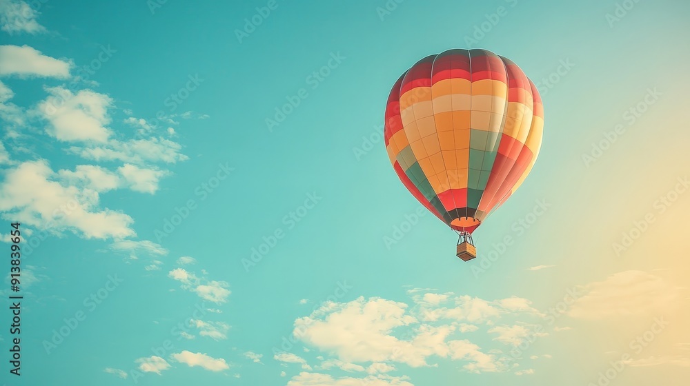 Naklejka premium A colorful hot air balloon rising into the sky, symbolizing freedom, adventure, and the uplifting feeling of reaching new heights and exploring possibilities.
