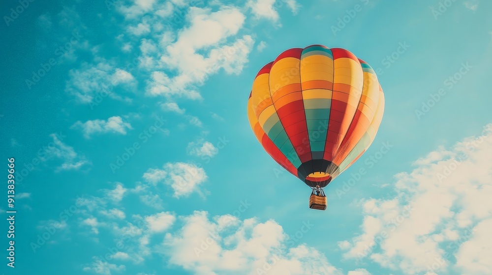 Fototapeta premium A colorful hot air balloon rising into the sky, symbolizing freedom, adventure, and the uplifting feeling of reaching new heights and exploring possibilities.