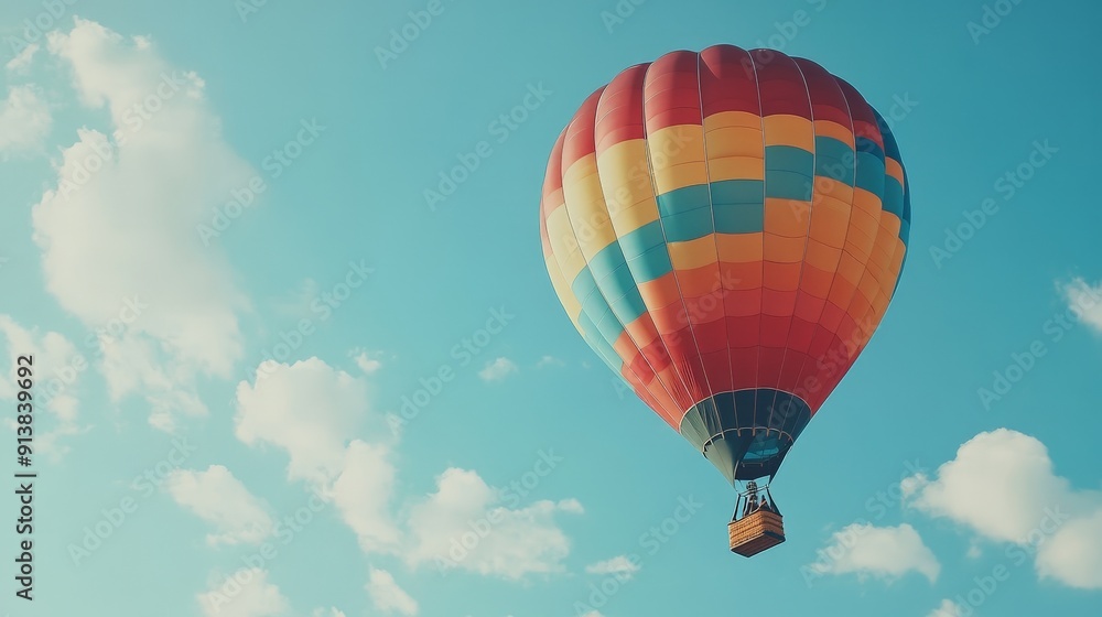 Fototapeta premium A colorful hot air balloon rising into the sky, symbolizing freedom, adventure, and the uplifting feeling of reaching new heights and exploring possibilities.