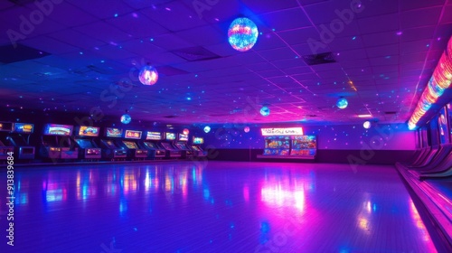Neon Nights Fun: Kids Skating at 1980s Roller Rink with Disco Ball Lights and Vintage Arcade Games