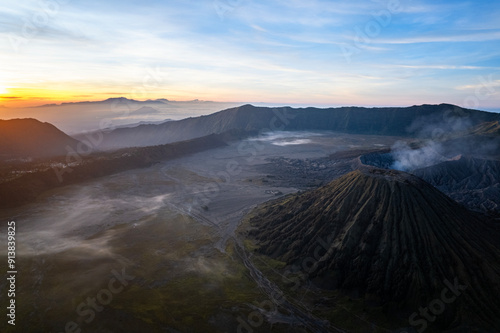 the sunrise of Bromo, Indonesia with dramatic sky