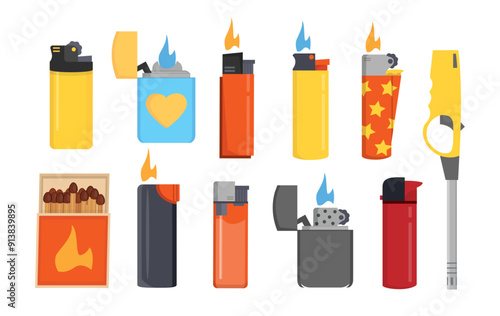 lighters set. cartoon flat burning accessory, smoking fire and light plastic equipment, fuel gasoline flaming heat lighters collection. vector cartoon objects set.