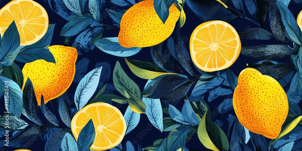 Vibrant hand-painted floral and fruit lemon seamless pattern with colorful blooms and blue leaves , bright floral background. Botanical wallpaper. Vibrant hand-painted floral and fruit lemon seamless pattern with colorful blooms and blue leaves , bright floral background. Botanical wallpaper.