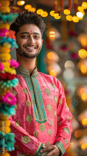 Young indian man smiling in traditional attire on diwali festival