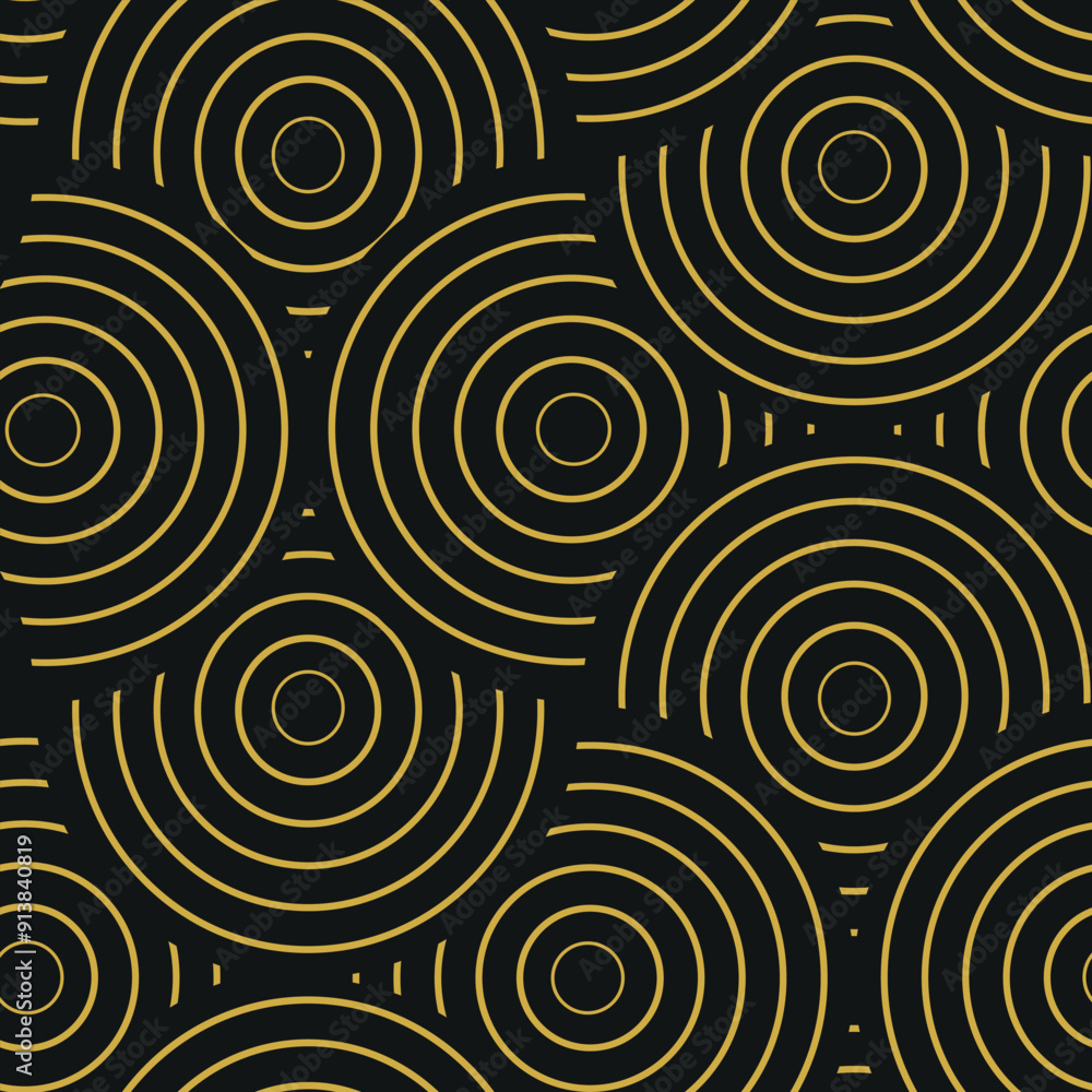 Art Deco Golden Overlapping circles in line art style seamless pattern on black background. For wallpaper, textile and home décor Art Deco Golden Overlapping circles in line art style seamless pattern on black background. For wallpaper, textile and home décor