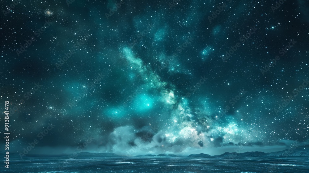 A vast body of water beneath a night sky adorned with twinkling stars, highlighted by a vibrant green and blue star-filled expanse above A vast body of water beneath a night sky adorned with twinkling stars, highlighted by a vibrant green and blue star-filled expanse above