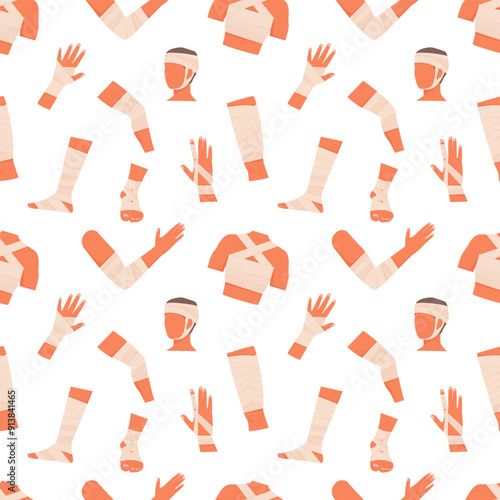 bandaged limbs pattern. cartoon flat injured skin, first aid for wound help for human emergency hand trauma, procedures of bandaging collection. vector seamless pattern.