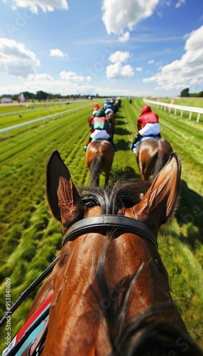 Horse Race Jockey Perspective on Racetrack with Competitors Against Scenic Sky on a Sunny Day photo