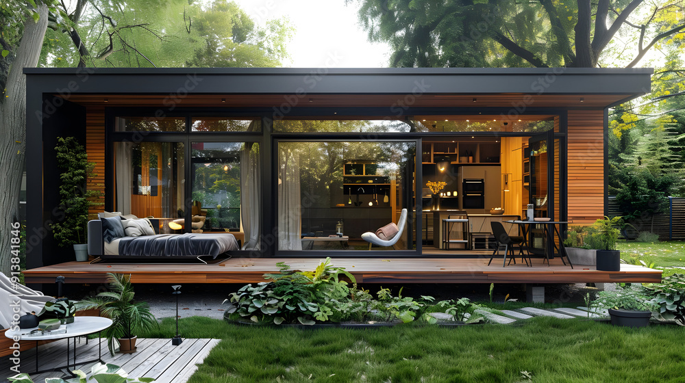Modern Cabin with Large Windows and Deck - 3D Illustration Modern Cabin with Large Windows and Deck - 3D Illustration