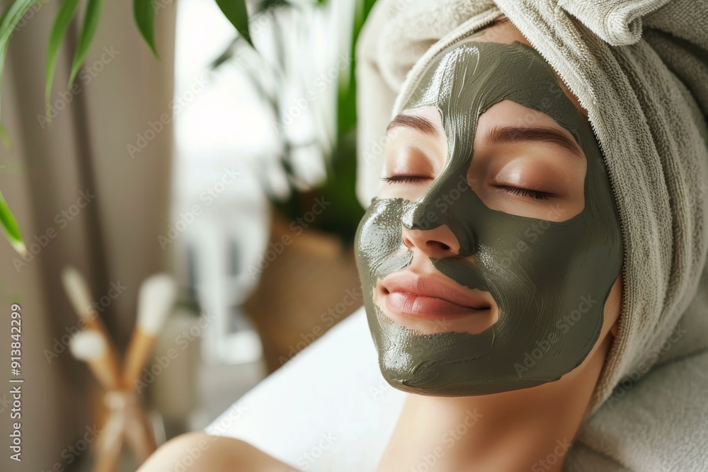 A serene close-up of a person enjoying a spa day, with a green face mask and a white towel wrapped around their head, radiating relaxation. A serene close-up of a person enjoying a spa day, with a green face mask and a white towel wrapped around their head, radiating relaxation.