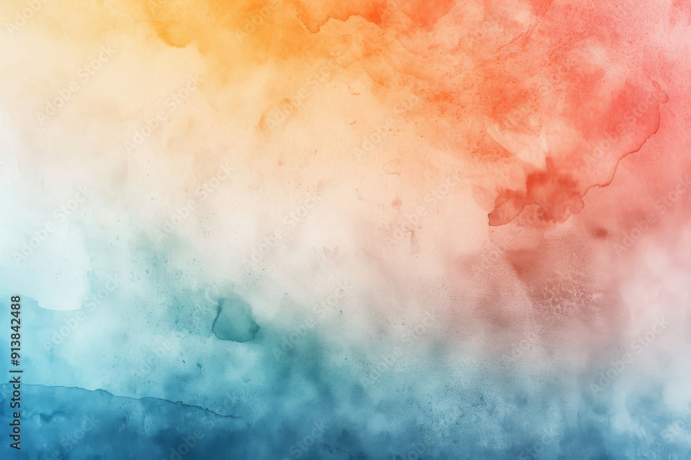 Obraz premium An abstract watercolor painting characterized by a vibrant blend of warm and cool hues, including orange, red, blue, and white, creating a dynamic and engaging visual experience.