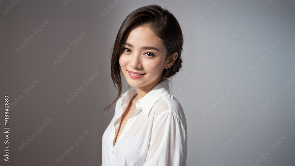 An elegant Asian woman showcases her fashion sense in a cream blazer and lace bra. Her short bob haircut highlights her modern, chic style. An elegant Asian woman showcases her fashion sense in a cream blazer and lace bra. Her short bob haircut highlights her modern, chic style.