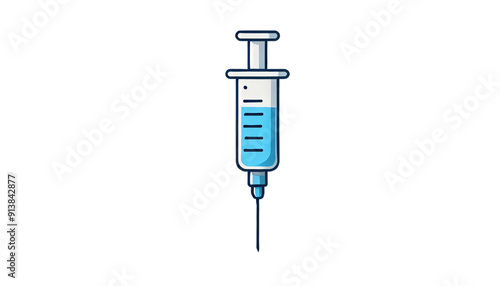 An illustration of a medical syringe filled with blue liquid, placed on a transparent background