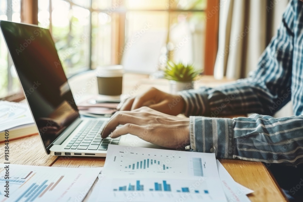 Fototapeta premium Hands typing on a laptop keyboard at a wooden desk, accompanied by various financial charts and a coffee cup, symbolizing productivity and analysis.