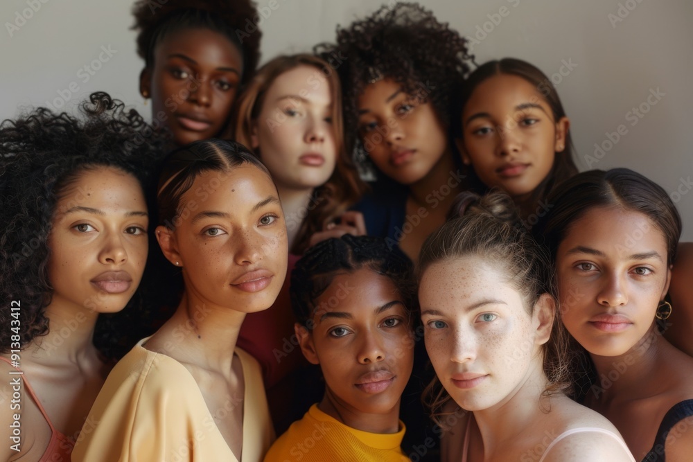 A group of nine diverse women stand closely together, symbolizing unity and strength with their natural beauty and diverse expressions. A group of nine diverse women stand closely together, symbolizing unity and strength with their natural beauty and diverse expressions.