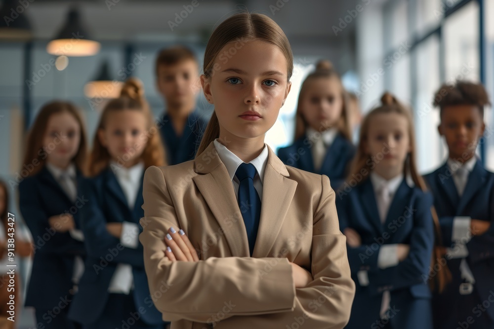 Young Girl in professional attire standing in an office, looking confident. Their serious expressions and the modern setting reflect their focus on future success and leadership. Young Girl in professional attire standing in an office, looking confident. Their serious expressions and the modern setting reflect their focus on future success and leadership.