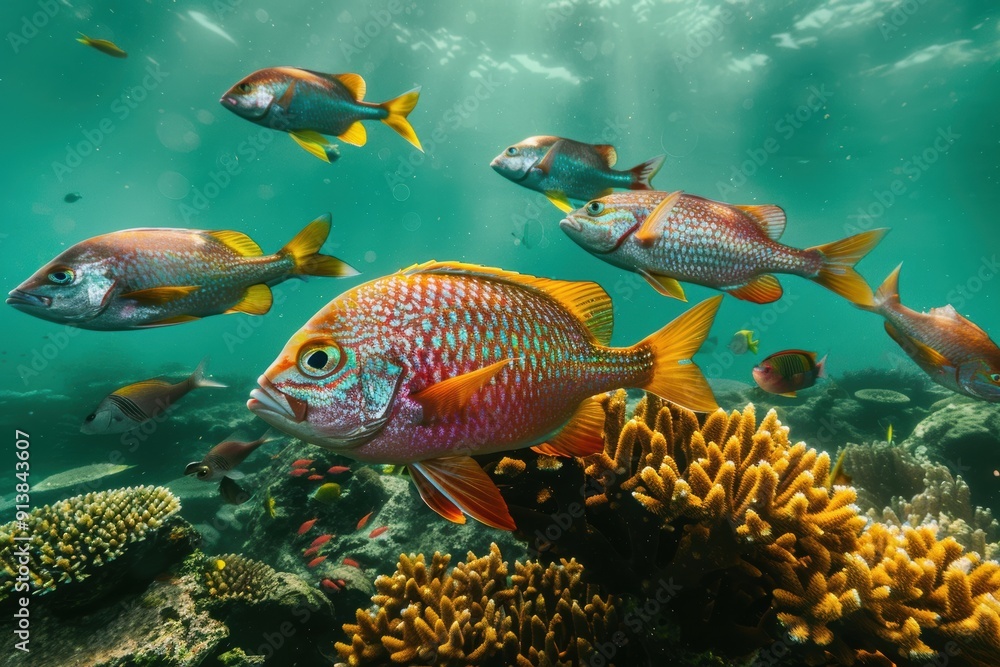 a vibrant coral reef thrives with schools of tropical fish in vivid hues. Swirling kelp forests and curious sea creatures bask in rays of sunlight breaking through the water's surface. a vibrant coral reef thrives with schools of tropical fish in vivid hues. Swirling kelp forests and curious sea creatures bask in rays of sunlight breaking through the water's surface.