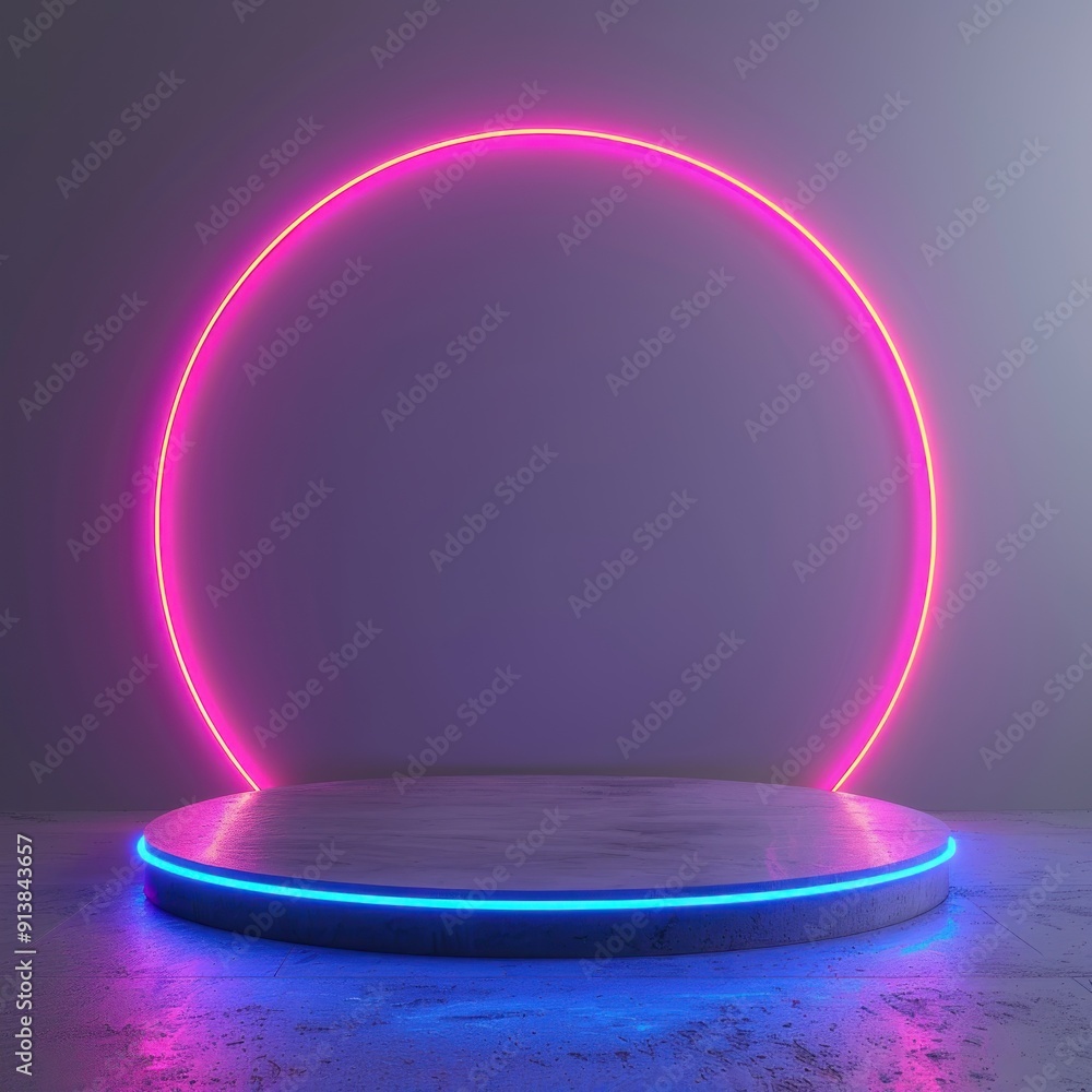 Neon Circle and a Stone Pedestal in a Modern Minimalist Studio Neon Circle and a Stone Pedestal in a Modern Minimalist Studio