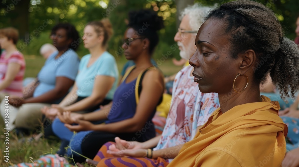 Fototapeta premium Group of people meditating together in the park