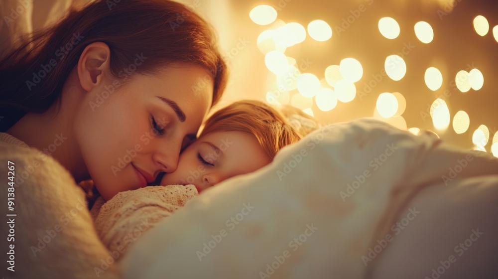 Loving Mother Tucking Child into Bed with Soft Lighting and Bedtime Story in Blurred Background Loving Mother Tucking Child into Bed with Soft Lighting and Bedtime Story in Blurred Background