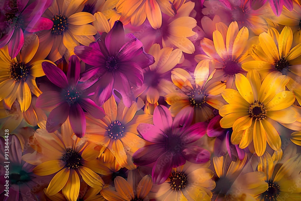 Radiant blooms of flowers in abstract form, with vibrant colors of magenta, yellow, and orange, creating a dynamic and joyful scene, lively and energetic. Radiant blooms of flowers in abstract form, with vibrant colors of magenta, yellow, and orange, creating a dynamic and joyful scene, lively and energetic.