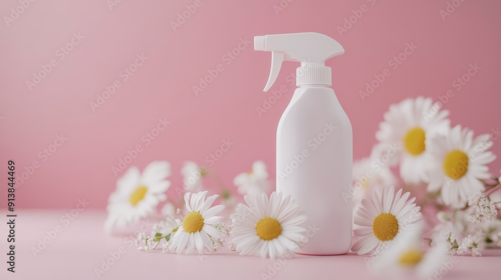 White spray bottle with daisies on a pink background White spray bottle with daisies on a pink background