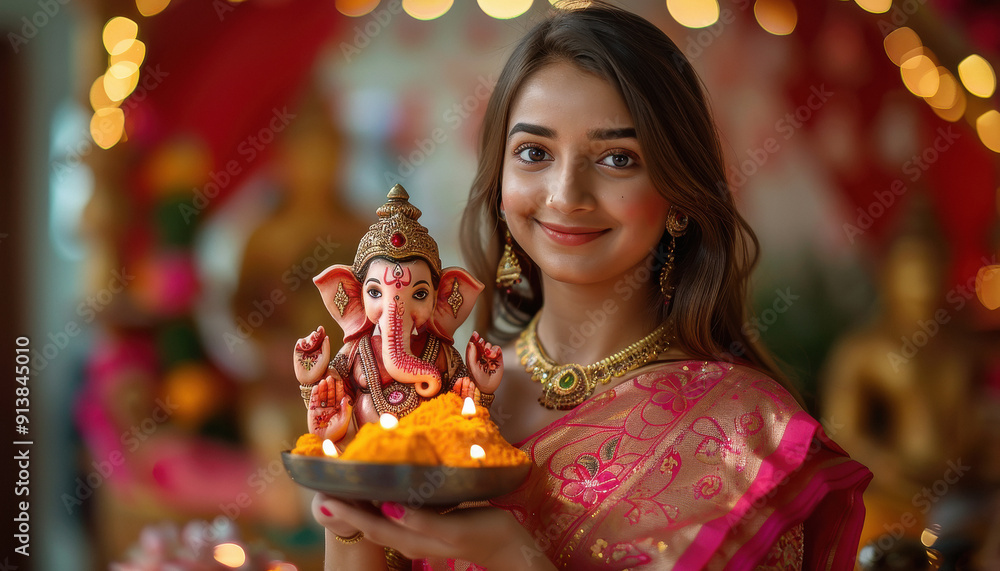Young indian woman holding lord ganesha sculpture. Young indian woman holding lord ganesha sculpture.