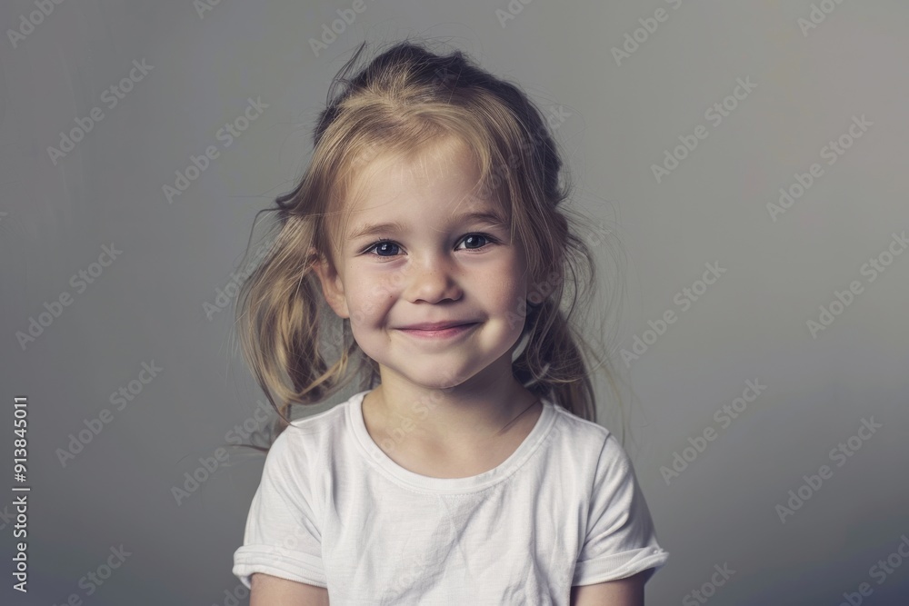 A young girl with blonde hair smiles sweetly at the camera, her white t-shirt and simple background highlighting her youthful exuberance. A young girl with blonde hair smiles sweetly at the camera, her white t-shirt and simple background highlighting her youthful exuberance.
