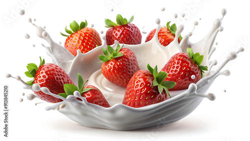 Strawberries with milk splash isolated on white background with clipping path. generative ai 