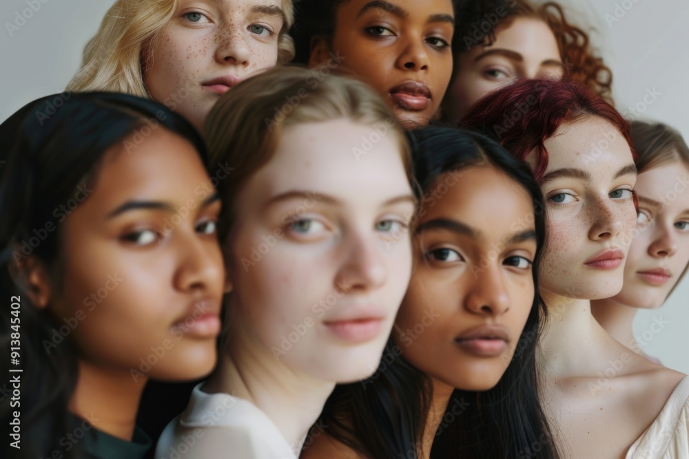 A diverse group of women posed closely together, exuding confidence and individuality, against a neutral backdrop, emphasizing unity and strength. A diverse group of women posed closely together, exuding confidence and individuality, against a neutral backdrop, emphasizing unity and strength.