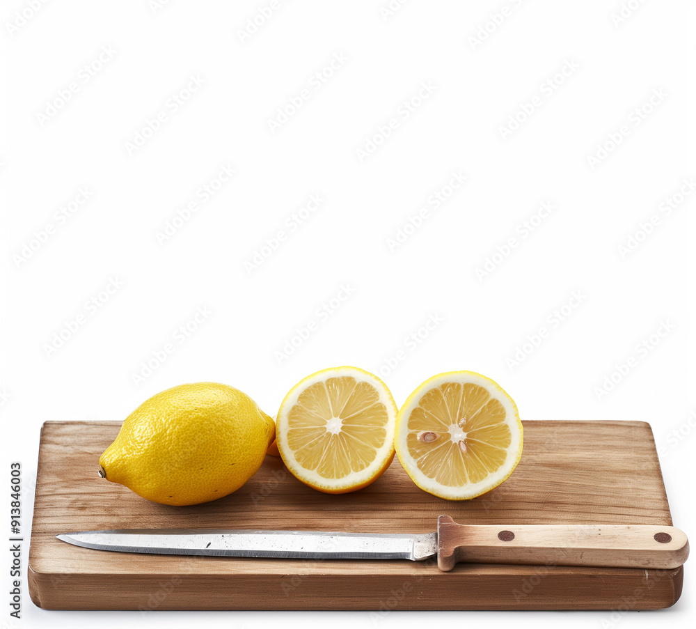 Half a yellow lemon and a knife on a wooden cutting board. AI generation.
Half a yellow lemon and a knife on a wooden cutting board. AI generation.