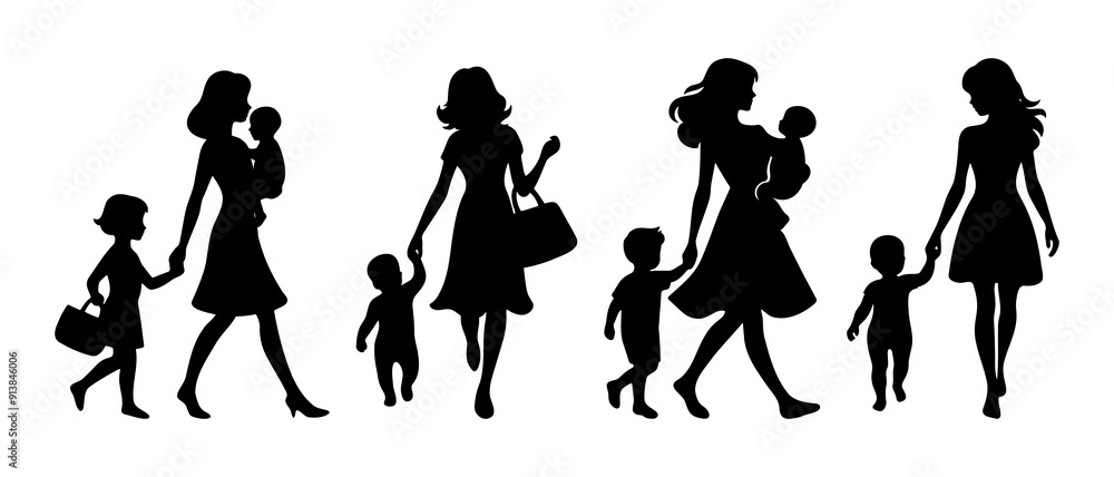 Smart working mother with her child silhouette black filled vector Illustration icon Smart working mother with her child silhouette black filled vector Illustration icon