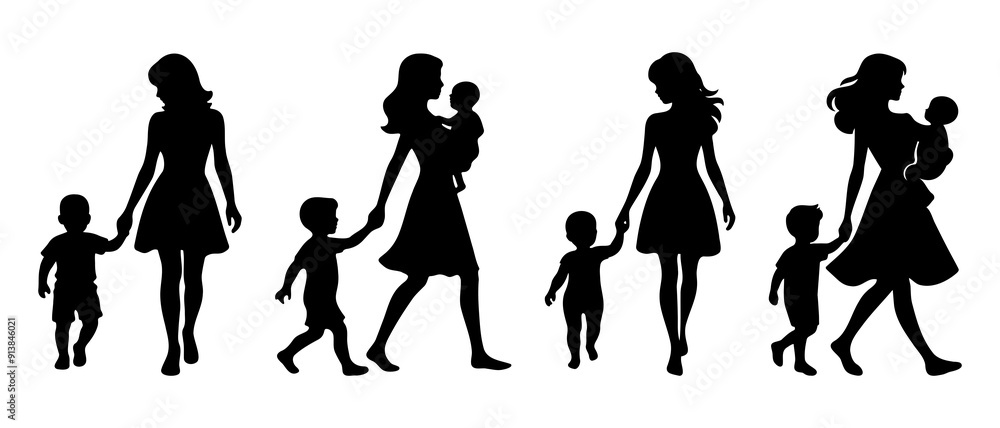 A mother with two kids silhouette black filled vector Illustration icon A mother with two kids silhouette black filled vector Illustration icon