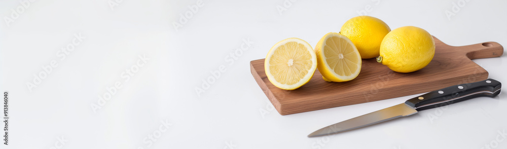 Half a yellow lemon and a knife on a wooden cutting board. AI generation.
Half a yellow lemon and a knife on a wooden cutting board. AI generation.
